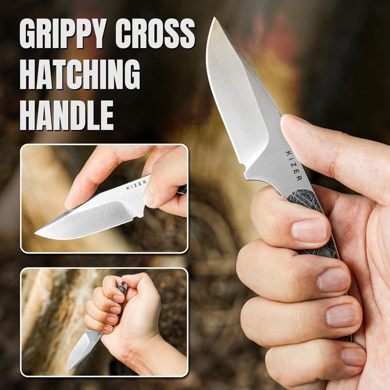 KIZER Muskrat Fixed Blade Knife, 3.15 In 154CM Argyle Pattern Black Micarta Handle, EDC Knife for Men Women, Outdoor Hunting Hiking Survival Camping Knives with Sheath, 1064M1 - Image 4